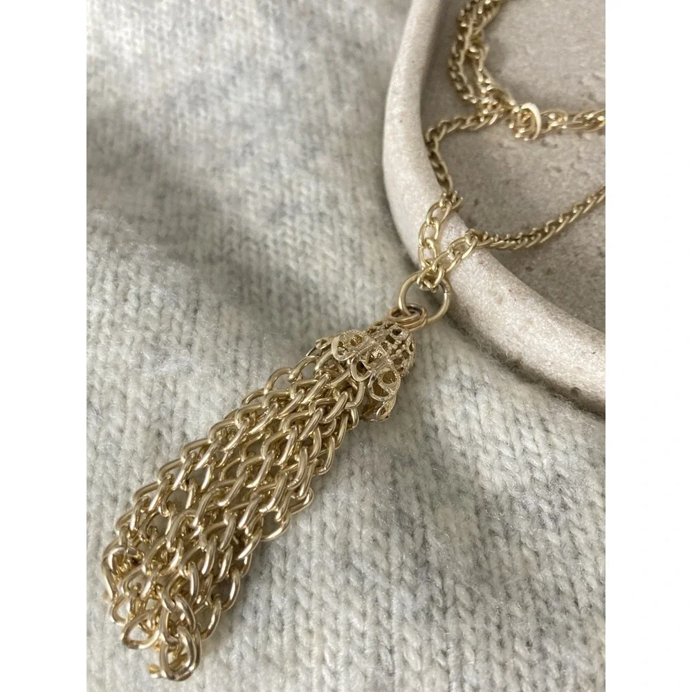 Vintage Hong Kong Gold Tone Multi‎ Chain Tassel Necklace Long Pendant Double